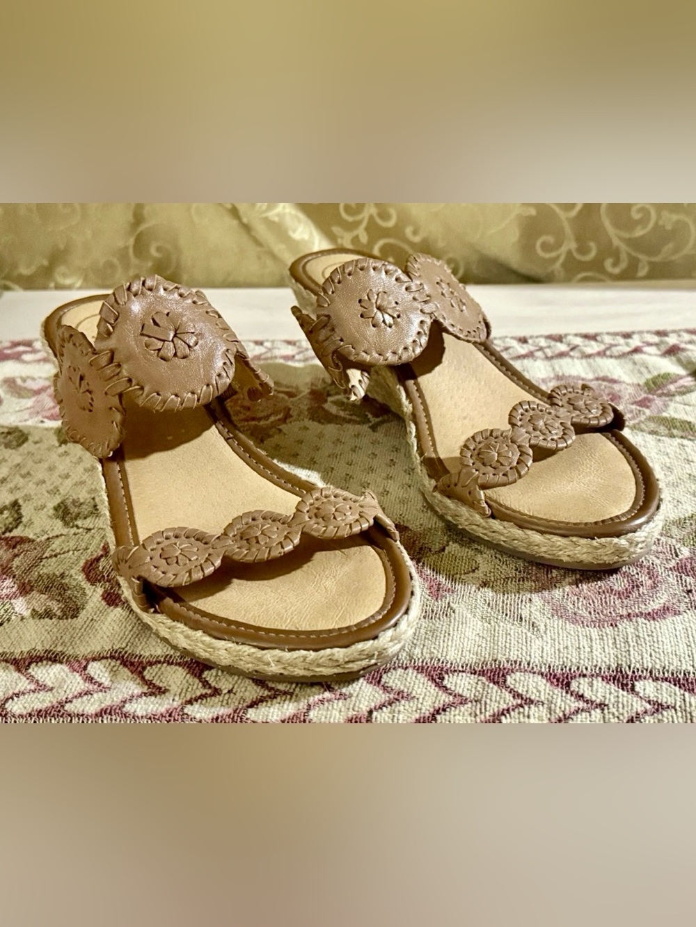 Jack Rogers Shelby Jute Wedge Slide Brown Leather Sandals Size 9